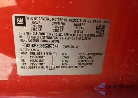 2014 Chevrolet Silverado K1500 from USA, damaged, VIN 3GCUKPEC6EG367544